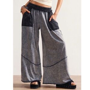Mineral Wash Reverse Stitch High Waisted Wide Leg Lounge Pants S M L XL